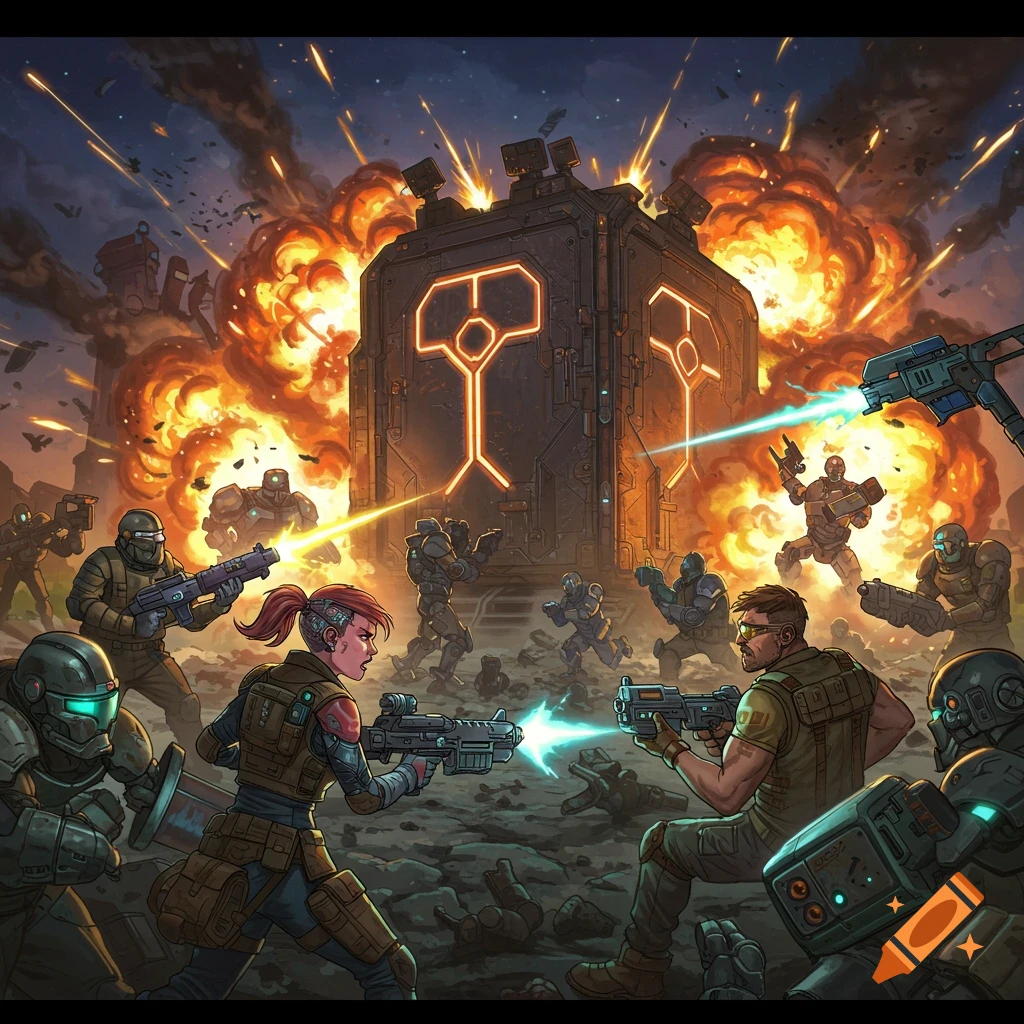 Sci-fi battle scene with soldiers attacking a large glowing structure amidst explosions.