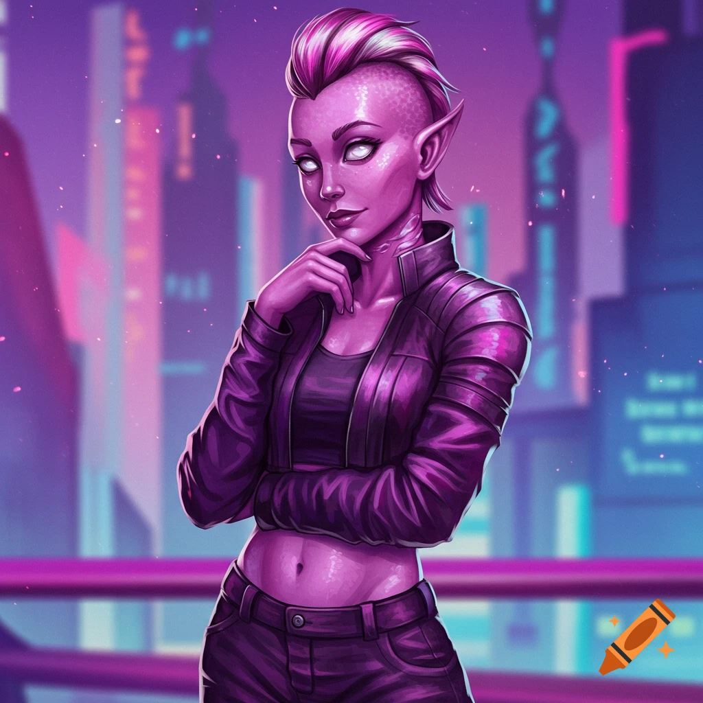 A pink-skinned humanoid alien woman in cyberpunk attire against a futuristic city.