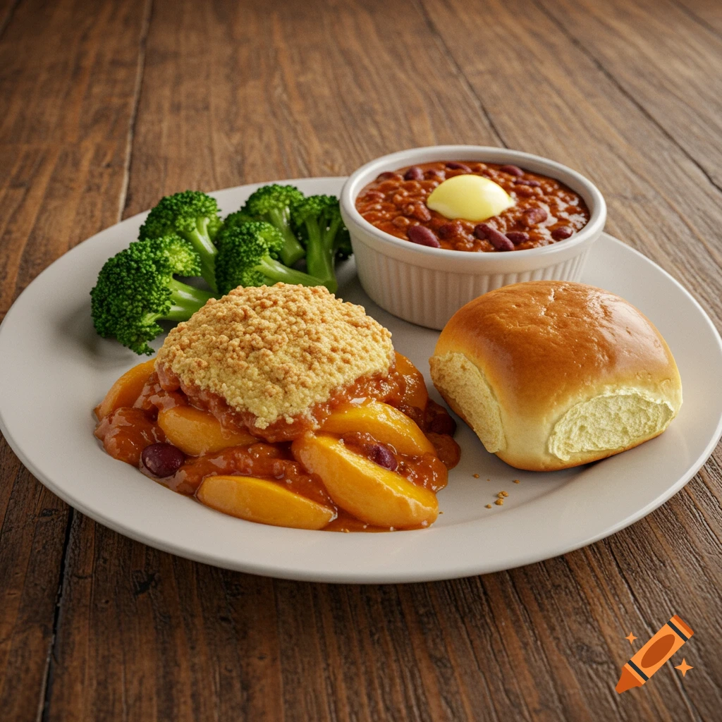 A plate holds peach cobbler with crumble topping, a side of broccoli, a bowl of baked beans with a pat of butter, and a dinner roll.