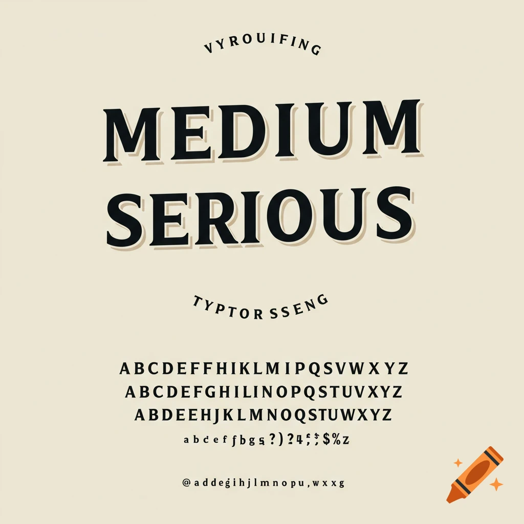 Graphic design displaying the words "MEDIUM SERIOUS" in a serif font, with smaller text and alphabets below.
