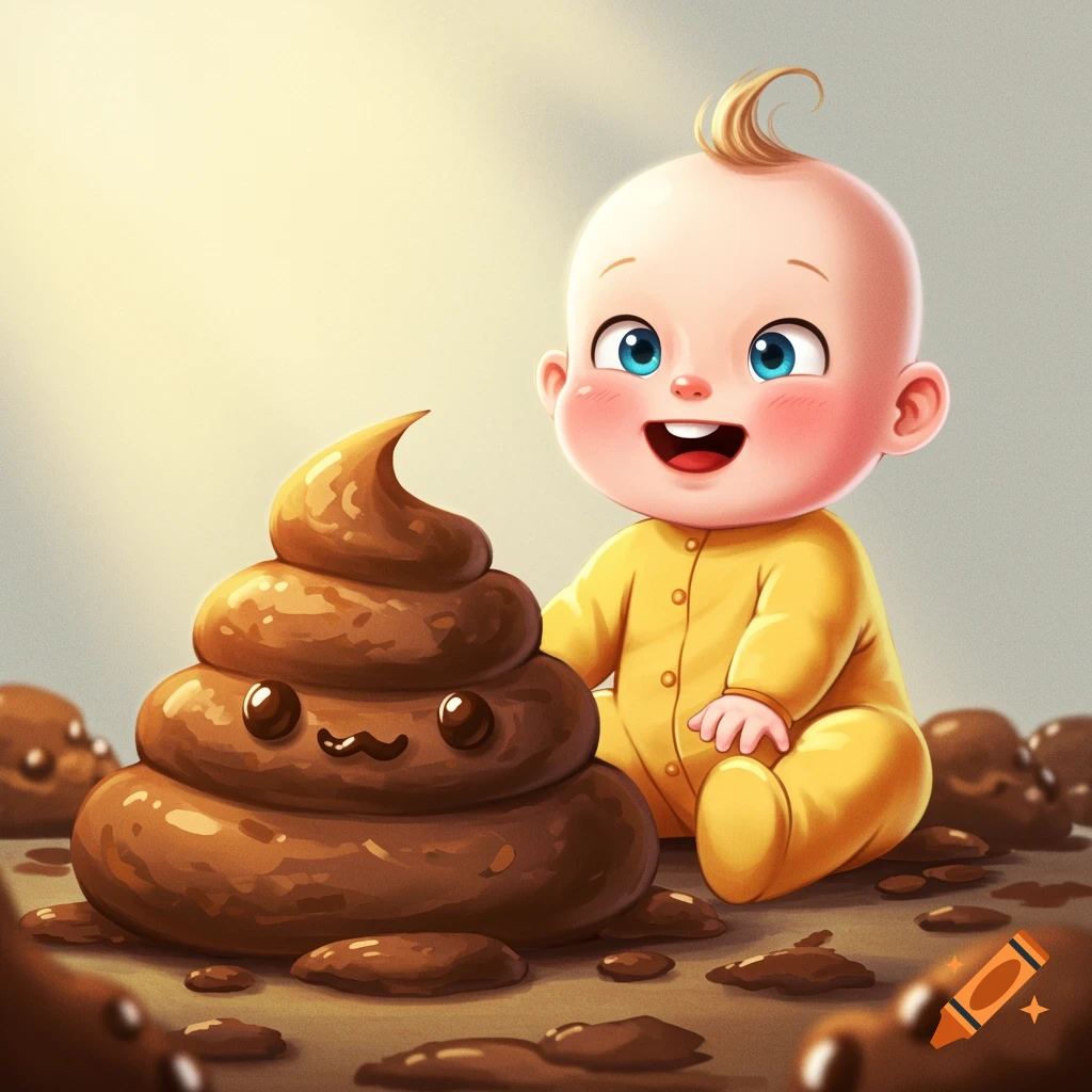 A happy cartoon baby sits next to a pile of smiling cartoon poop.