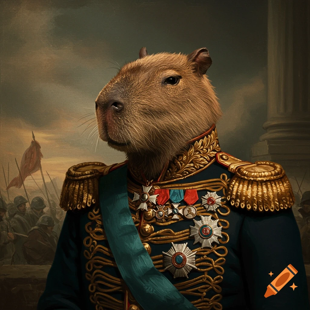 A capybara dressed as a military general with medals, standing before a battle scene.