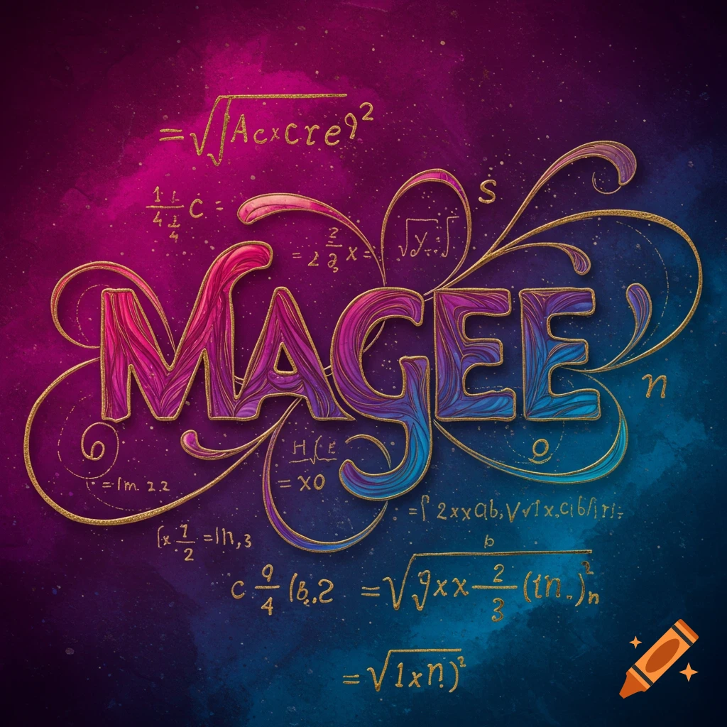 The word 'MAGEE' in pink/blue with gold trim is surrounded by mathematical equations on a gradient background.