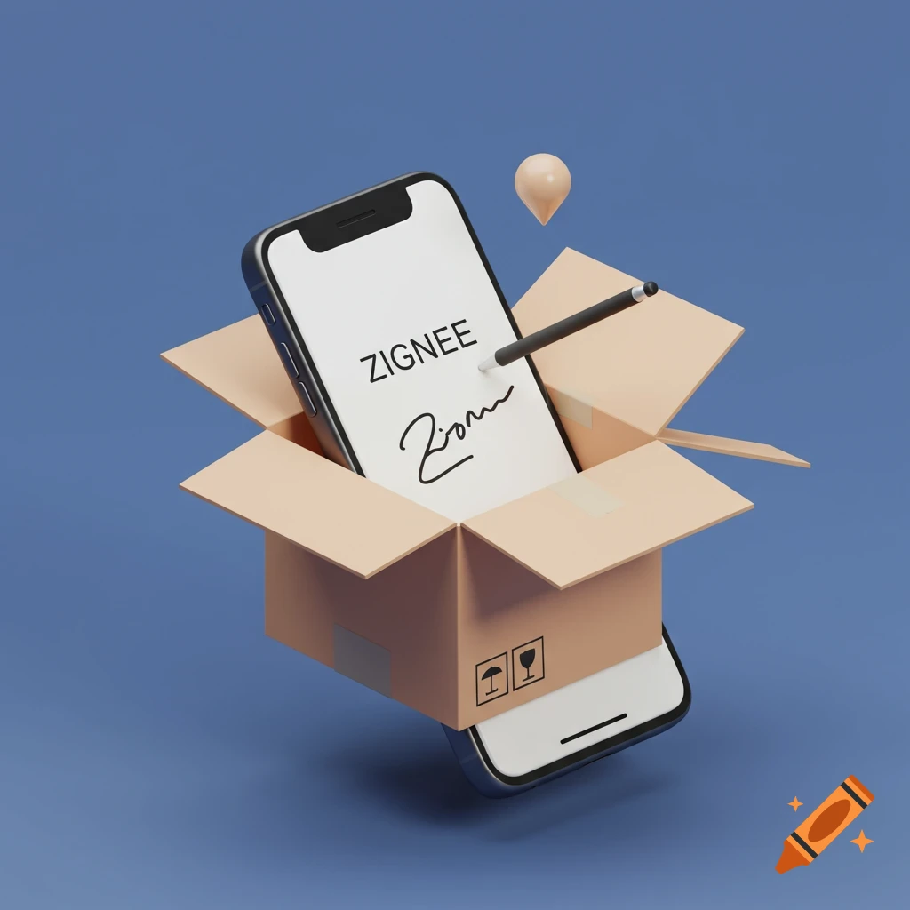 3D render of a phone coming out of a delivery box with ZIGNEE and a signature on screen, stylus hovering above it.