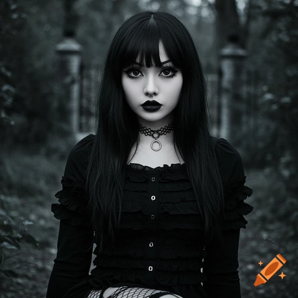 Goth girl with dark hair and makeup in a ruffled black top and fishnet stockings in a dark forest setting.