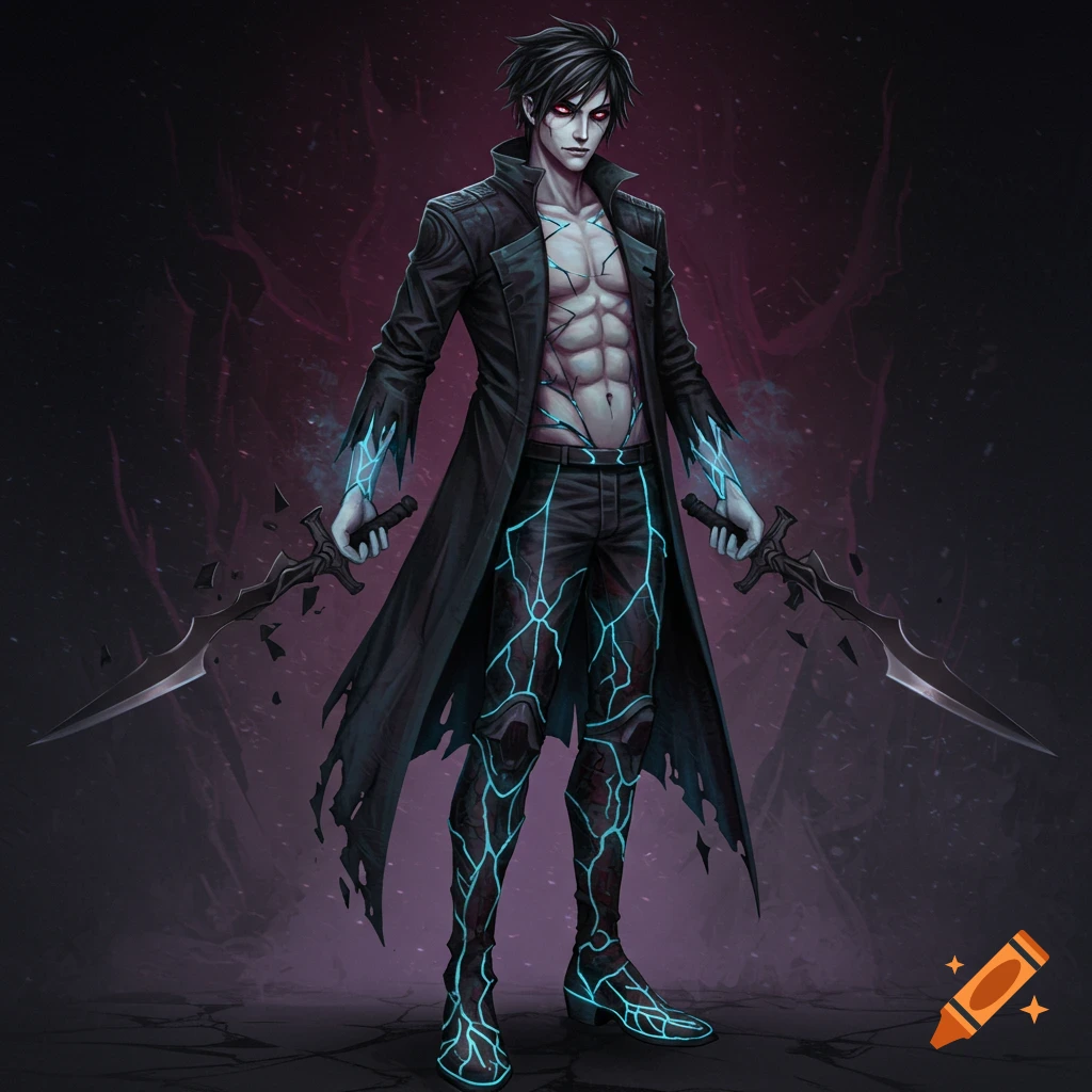 A dark fantasy character with red eyes, glowing cracks on skin and clothes, holding two swords.
