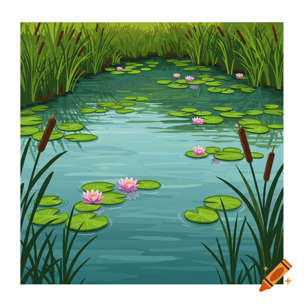 A vector graphic illustration of a pond with lily pads, pink water lilies, and cattails surrounded by tall green grass.