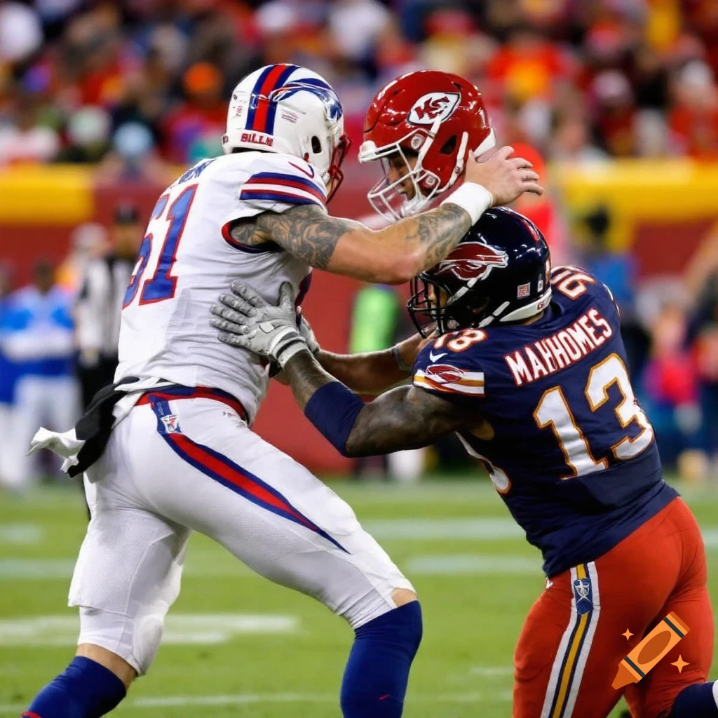 Three football players in uniforms and helmets tackling each other on the field.