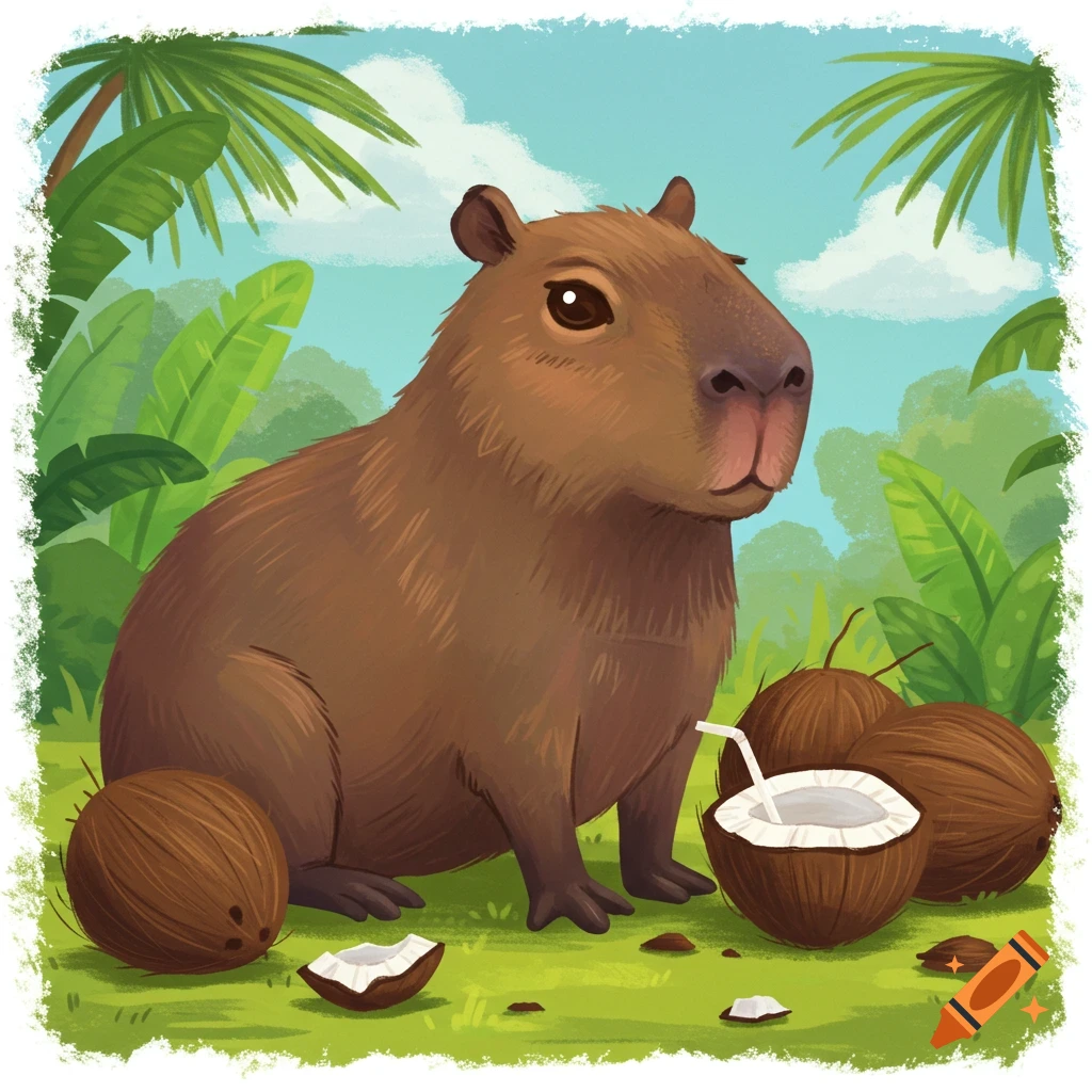 A capybara sits among coconuts in a tropical setting.