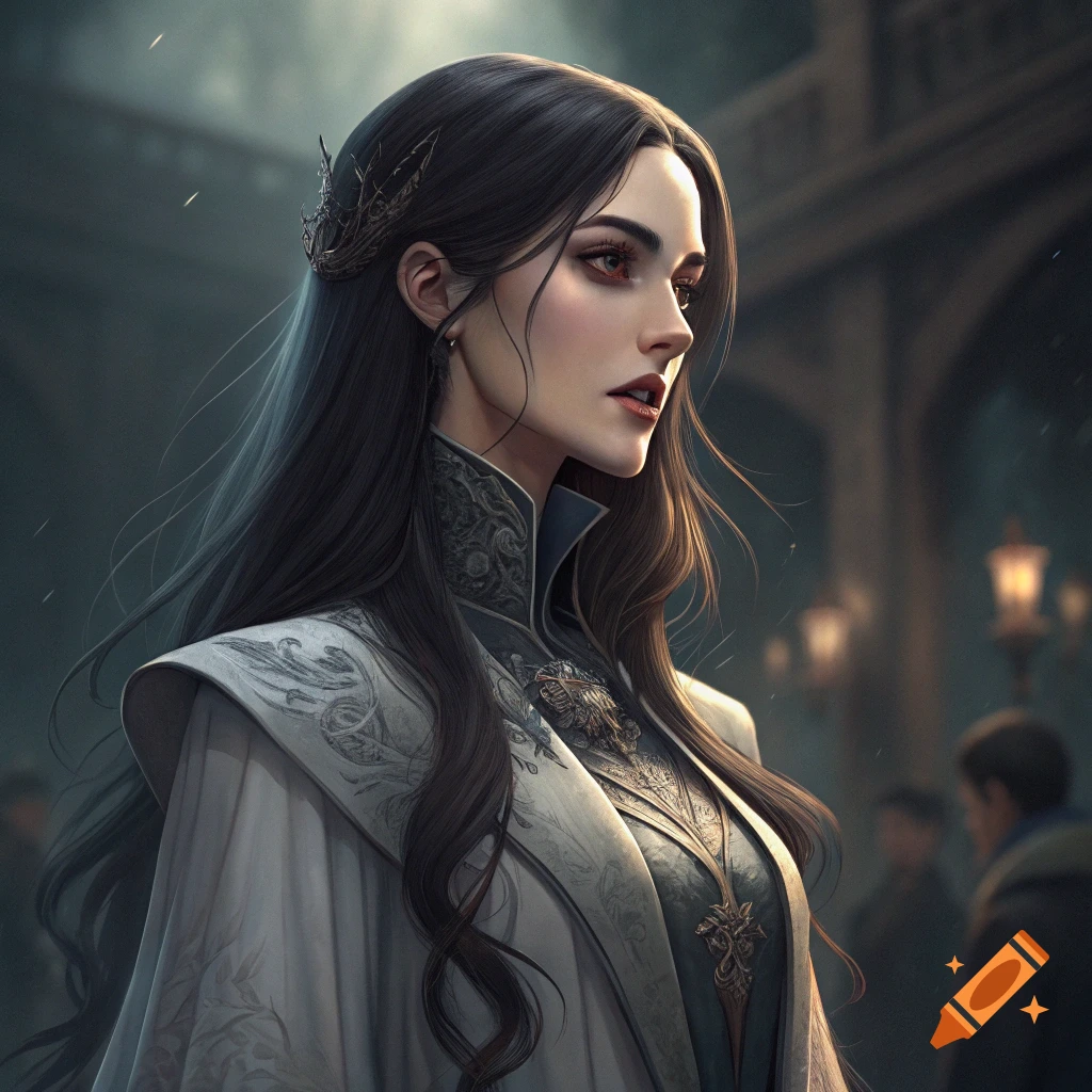 Portrait of a woman with long dark hair wearing intricate fantasy clothing in a building interior.