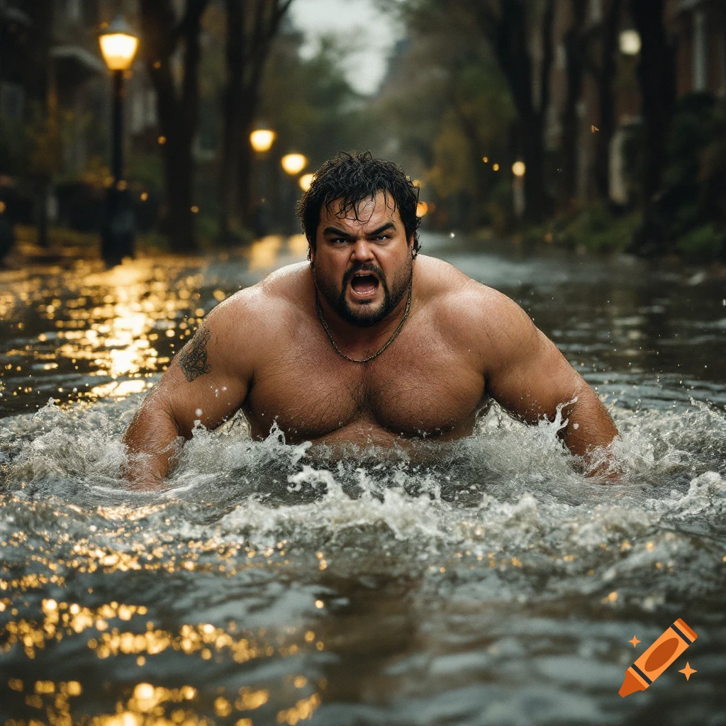 A muscular man splashes through floodwater on a street at night.