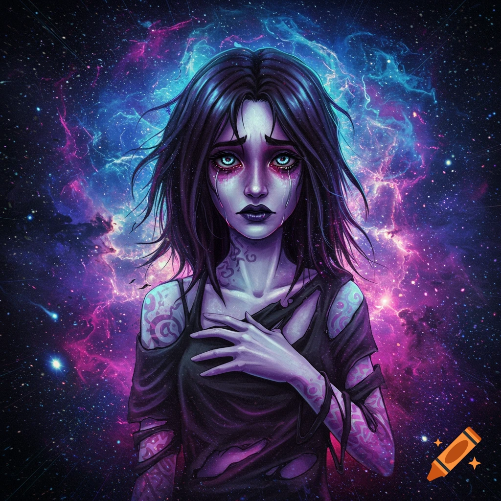 A portrait of a sad woman with tattoos against a vibrant space background.