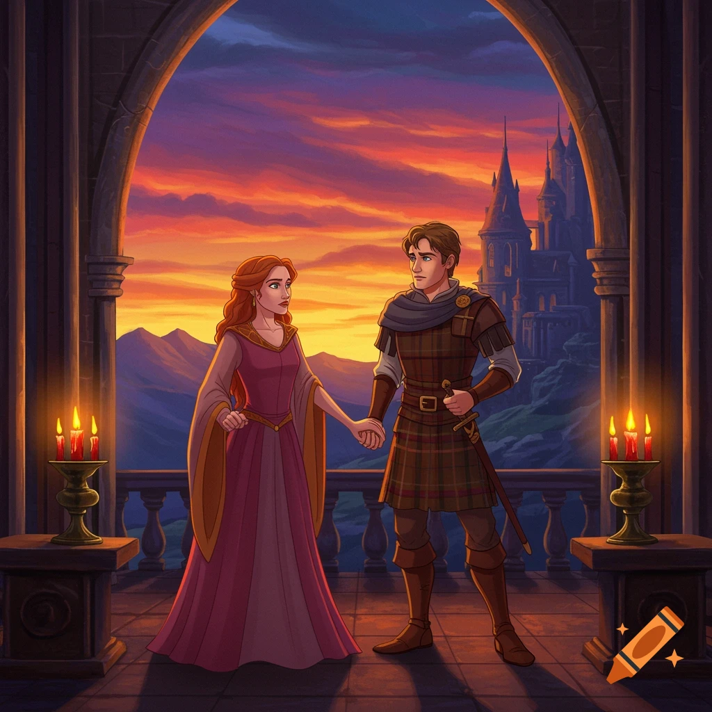 A couple holds hands on a balcony overlooking a castle and mountains under a sunset, in a painted style.