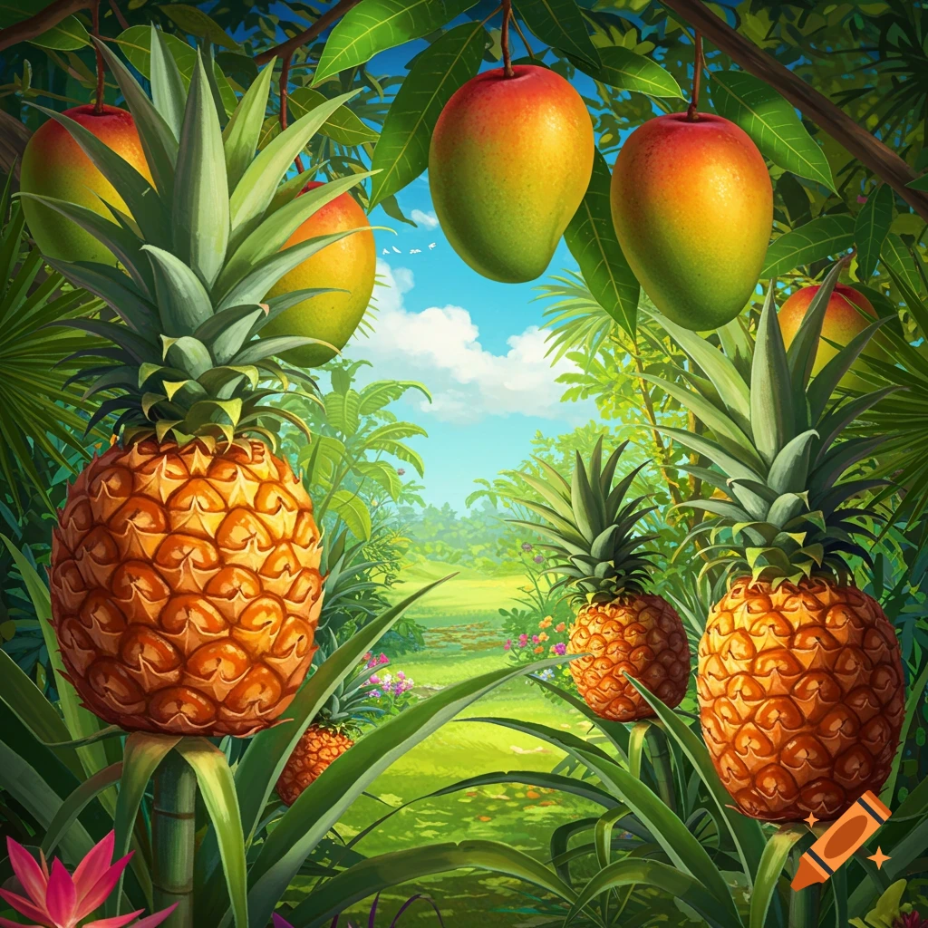 Pineapples and mangoes in a tropical forest.