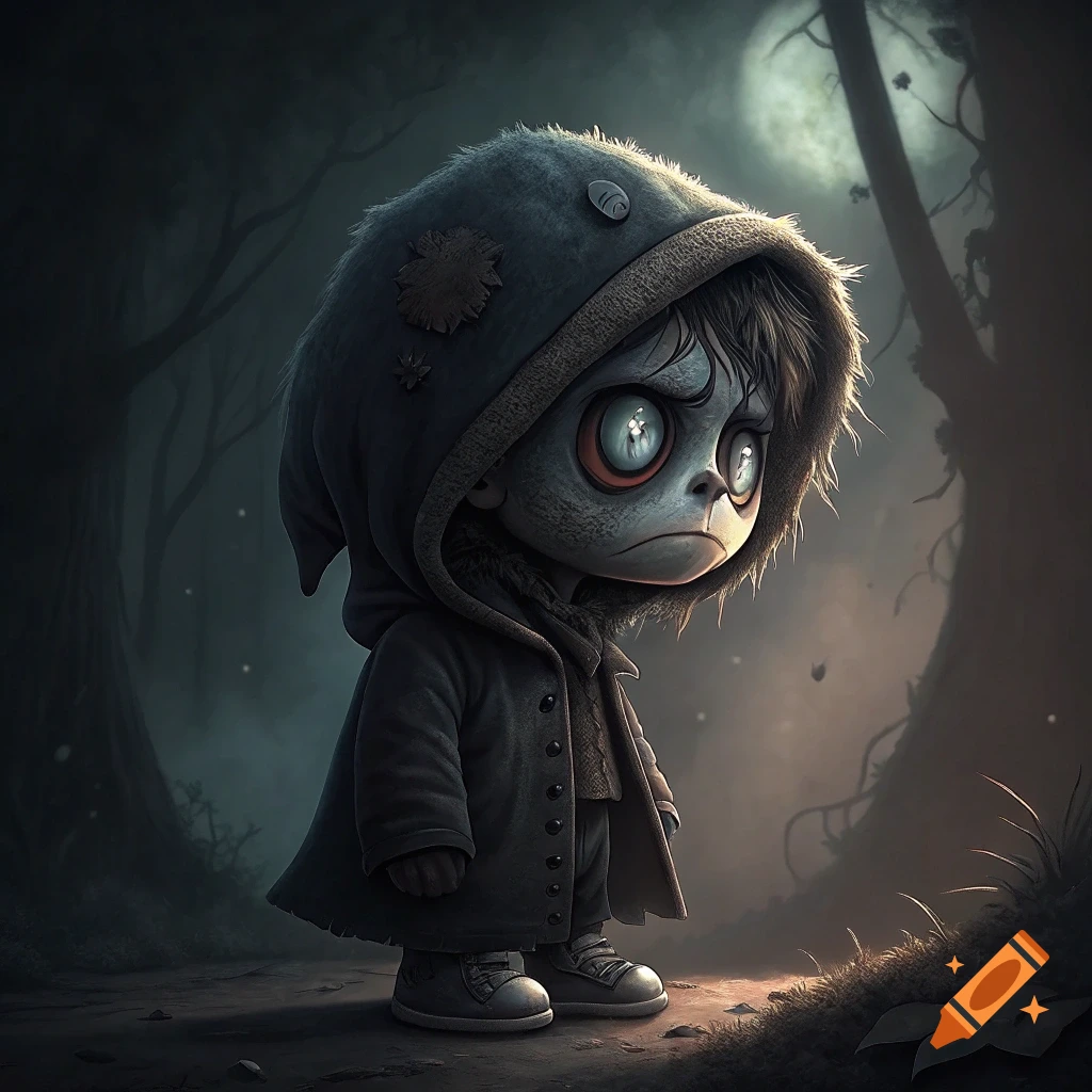 A small, sad-looking creature with large eyes in a hooded coat stands in a dark forest.