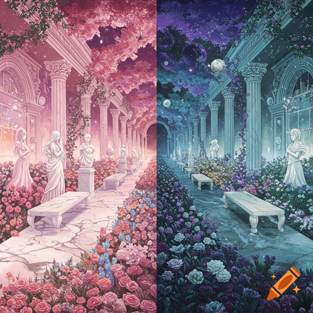 A dual-themed garden pathway split with pink flowers/light on one side and dark flowers/planets on the other. Features statues and architecture.