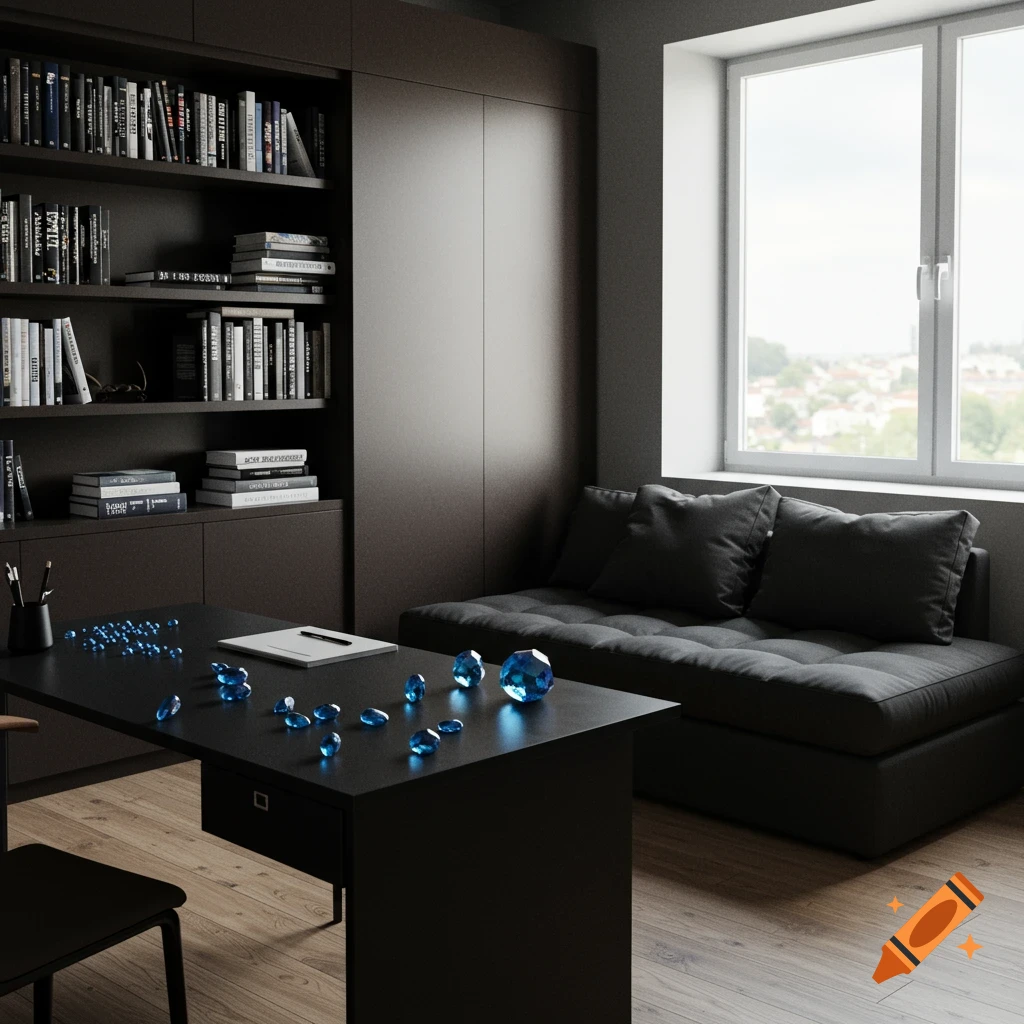An office room with a dark desk covered in blue gemstones, a dark brown bookshelf, a dark gray daybed couch, and a large window.