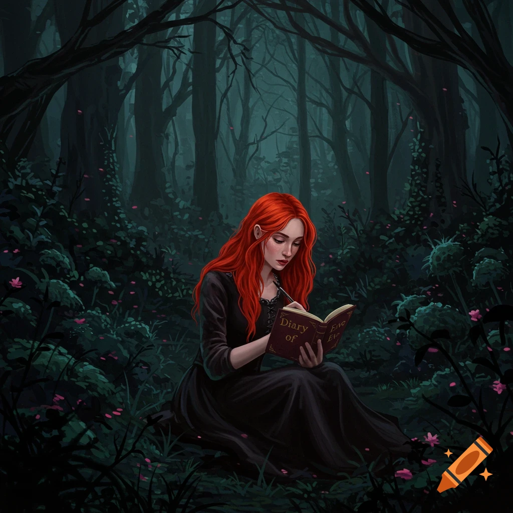 A redheaded woman writes in a journal in a dark forest.