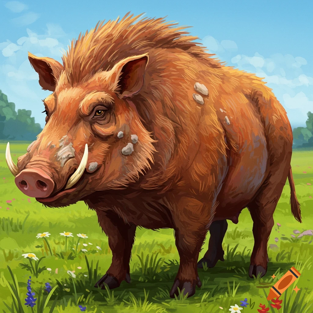 A large wild boar stands in a grassy field with flowers.