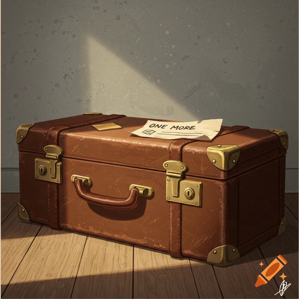 A brown suitcase with a note saying ONE MORE sits on a wooden floor.