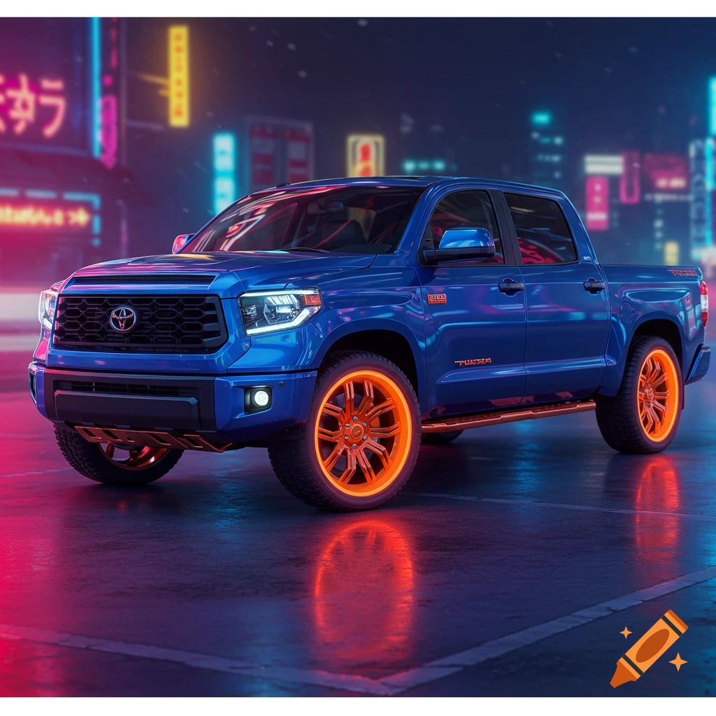 A blue Toyota Tundra pickup truck with glowing orange wheels in a neon cyberpunk city, digital art style.