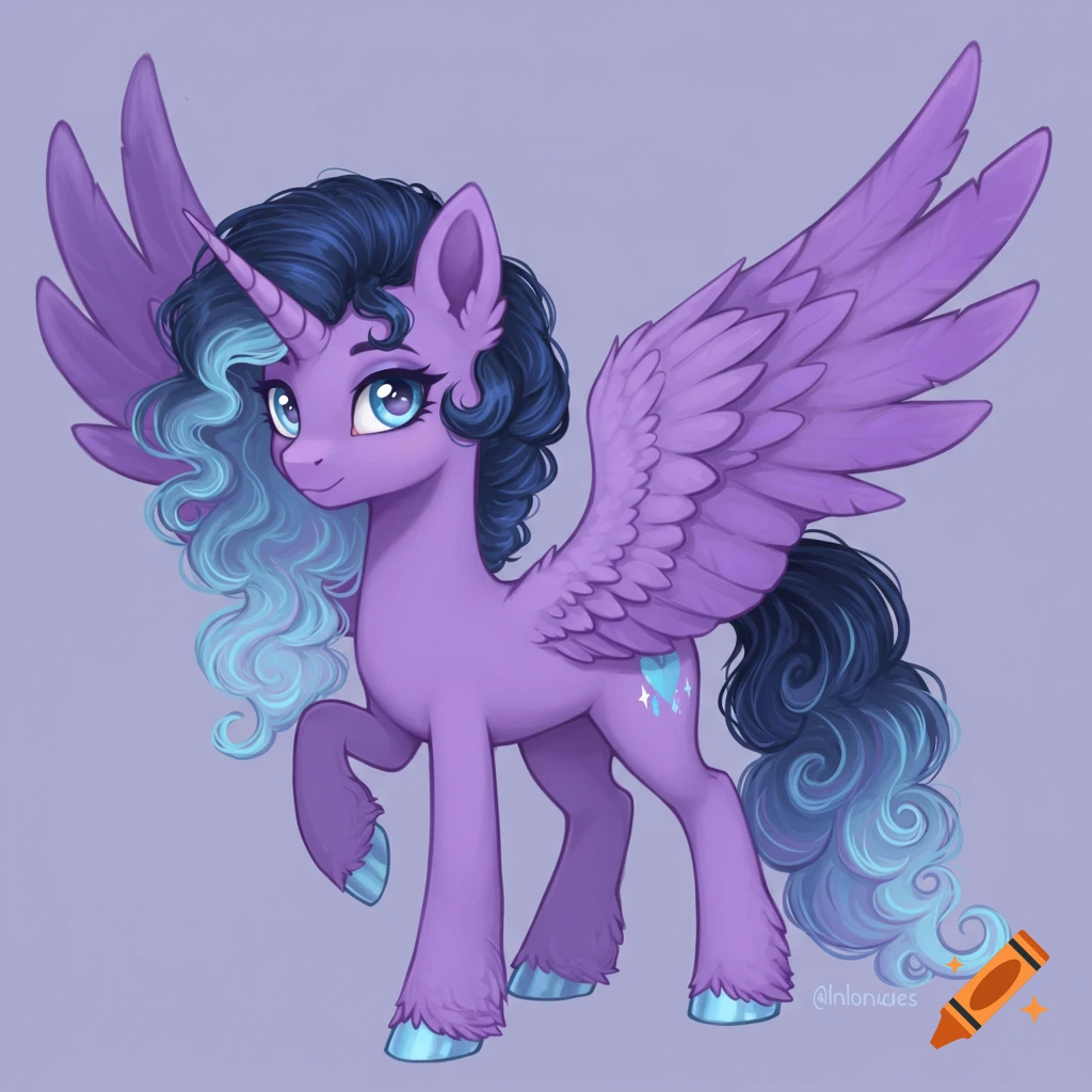 A purple alicorn with dark blue and light blue curly mane and tail, fluffy purple wings, and a light blue heart cutie mark.