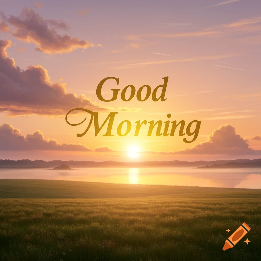 A sunrise over a lake with grass and the text 'Good Morning'.