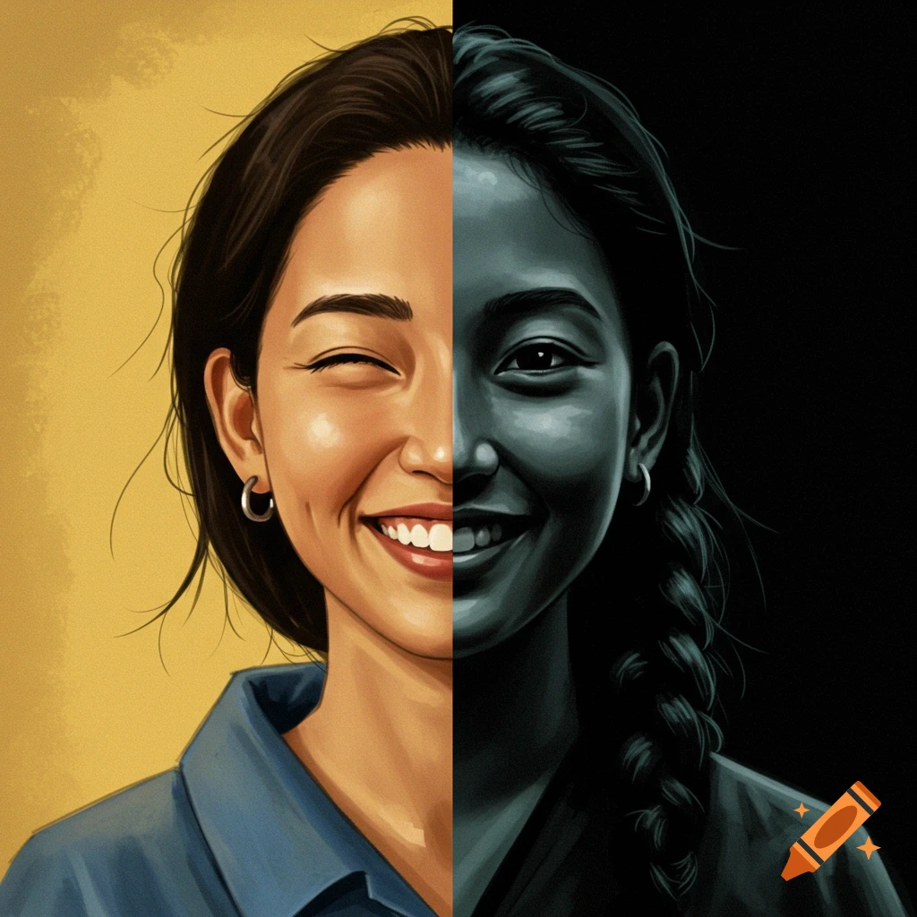 A face split into two halves: one smiling in color, the other neutral/sad in grayscale.