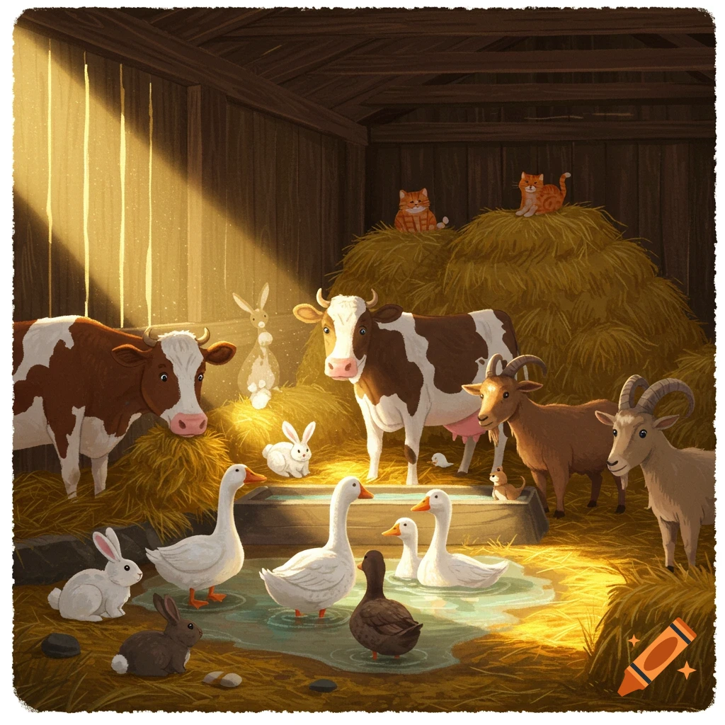 Cows, rabbits, geese, ducks, a cat, and goats are in a barn.