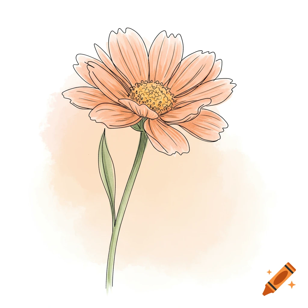 Sketch of a peach flower with watercolor style coloring