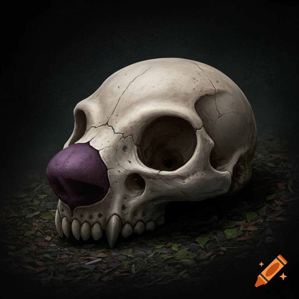 A skull with a purple nose is lying on the ground amidst fallen leaves.
