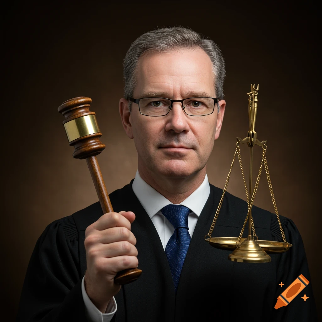 A man in a judge's robe holds a gavel and stands next to scales of justice in a studio portrait.