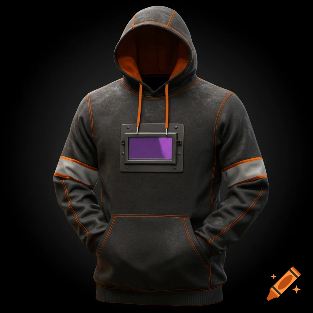 A dark grey hoodie with orange stitching and drawstrings, featuring a welding mask-style panel on the chest.