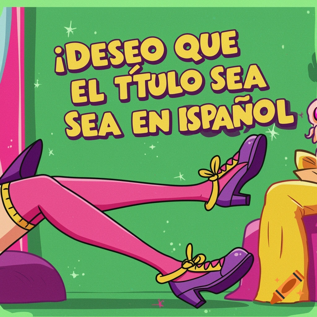 Cartoon title card with Spanish text and legs in pink stockings and purple shoes.