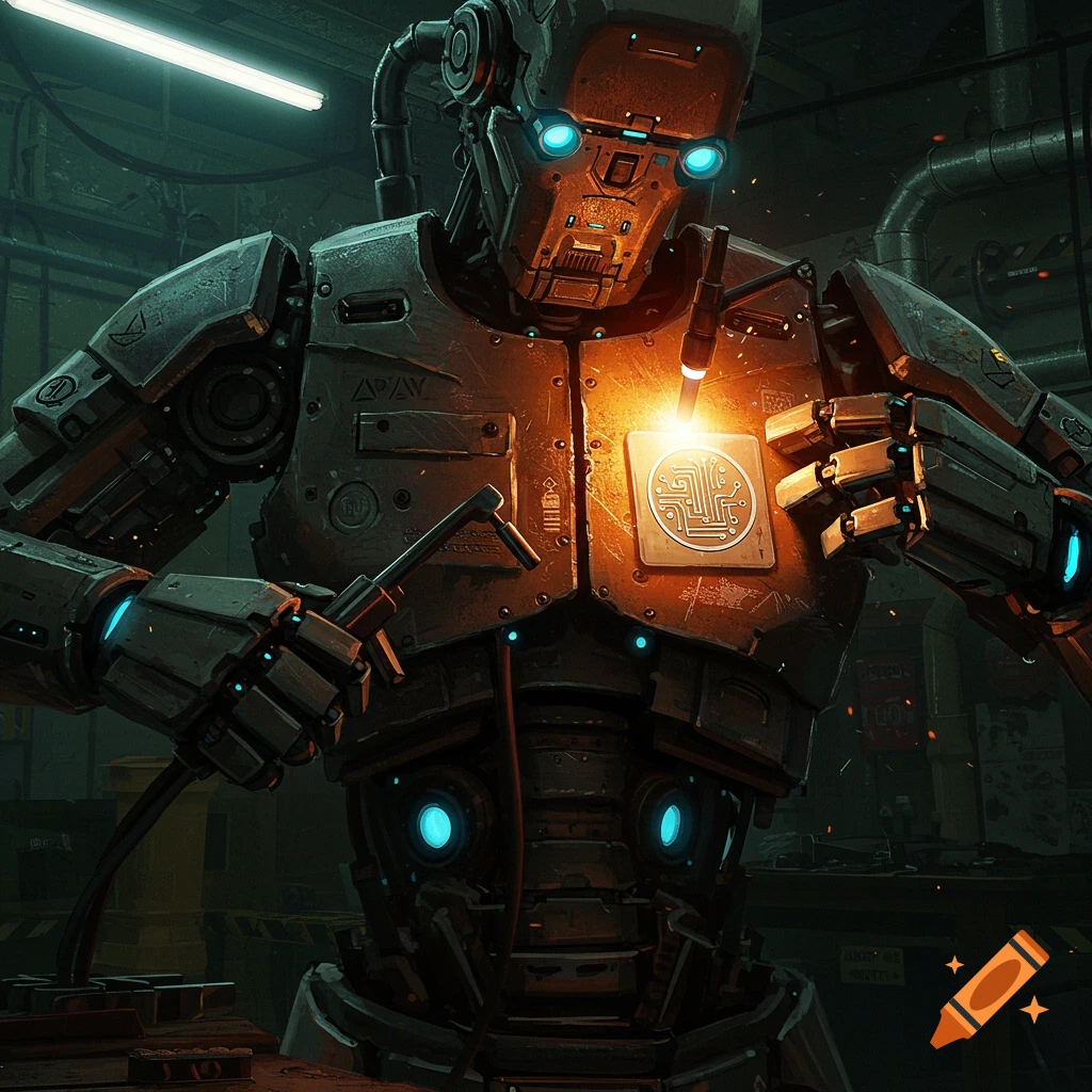 A sci-fi robot welding a circular badge onto its chest in a workshop.