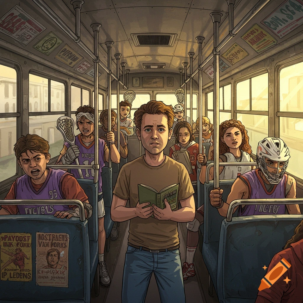 A young man is reading on a bus crowded with lacrosse players.