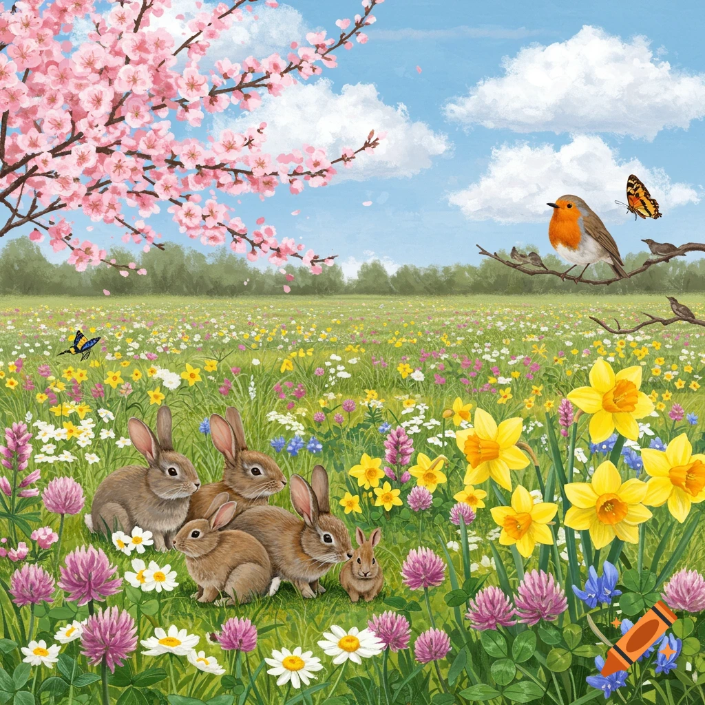 A spring meadow with rabbits, flowers, a robin, and a cherry blossom tree.