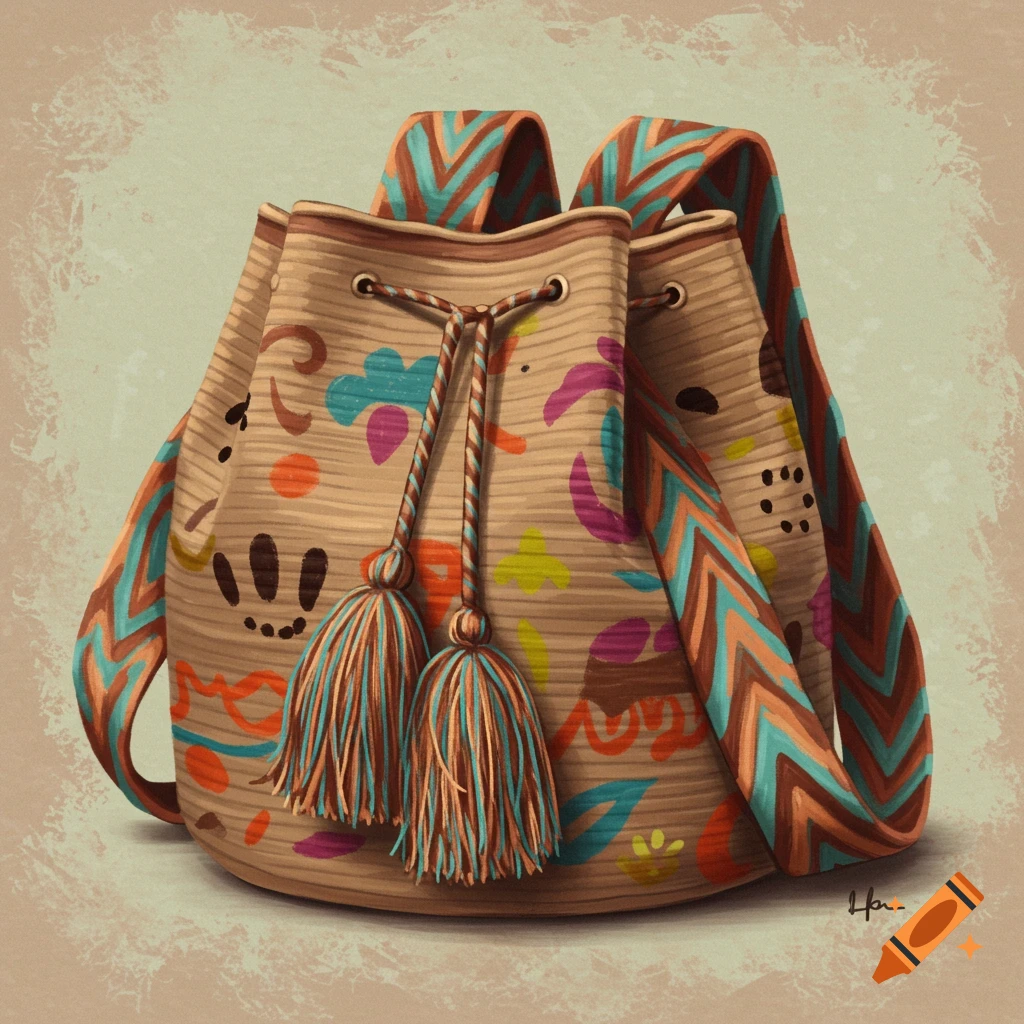 A colorful Mochila bag with a woven pattern and tassels.