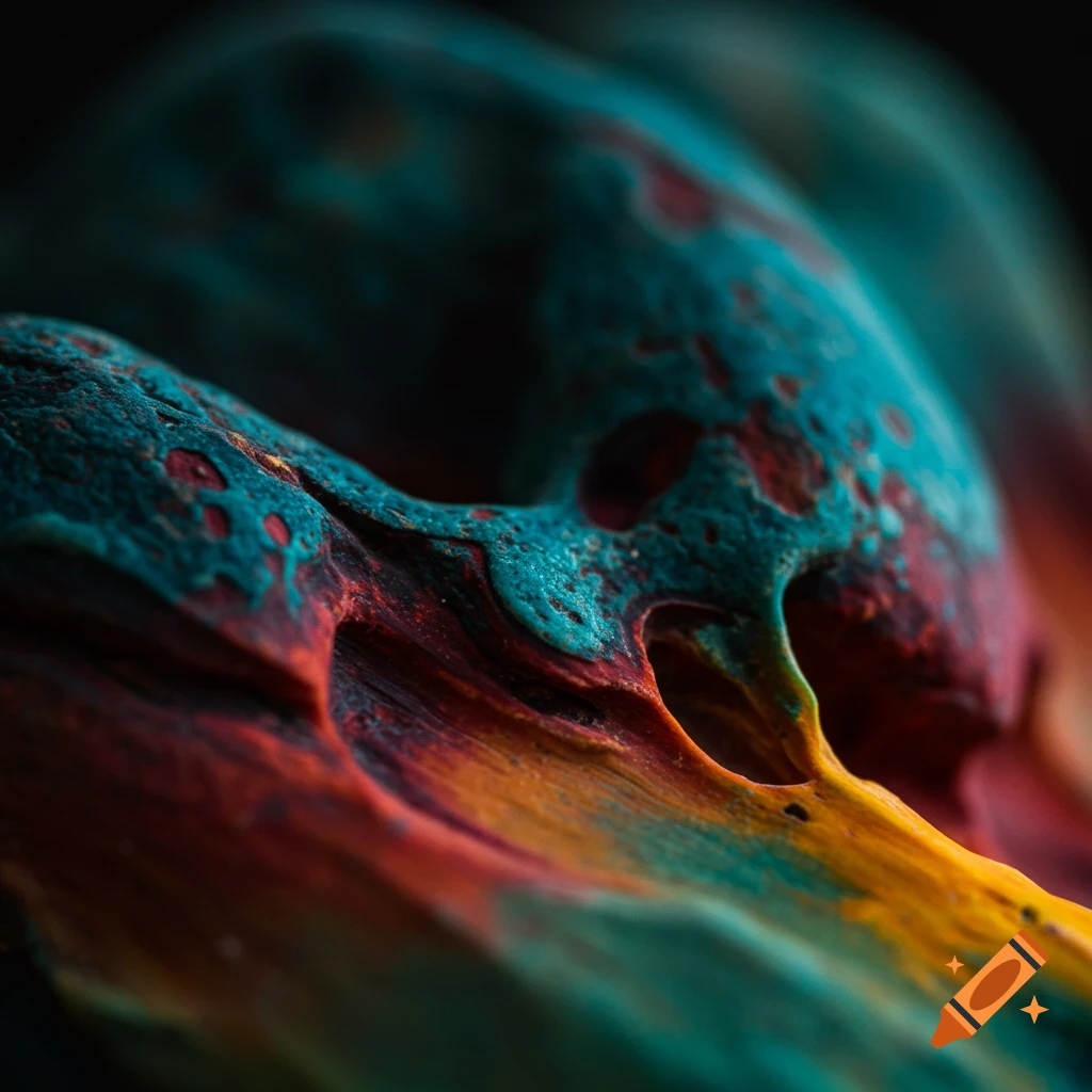 Abstract macro photograph of a vibrant blue, red, and yellow textured surface