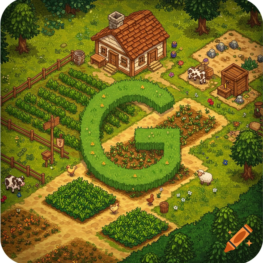 Cartoon isometric farm scene with a large G-shaped hedge, house, crops, animals, in Stardew Valley style.