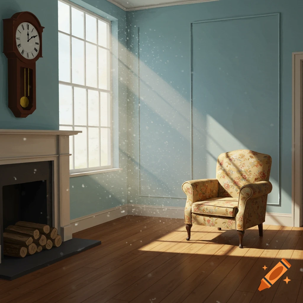 A sunlit room with a fireplace, grandfather clock, armchair, and window.
