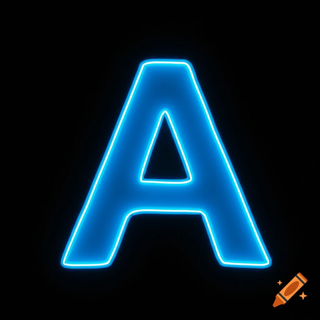 A glowing blue capital letter A on a black background.