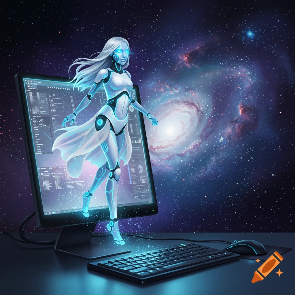 A slender AI woman emerges from a computer screen against a starry galaxy backdrop.