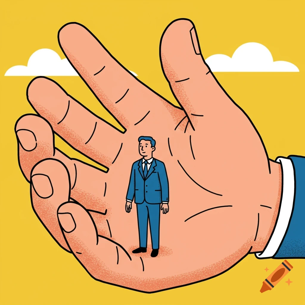 Cartoon illustration of a small man in a suit standing in the palm of a large hand.