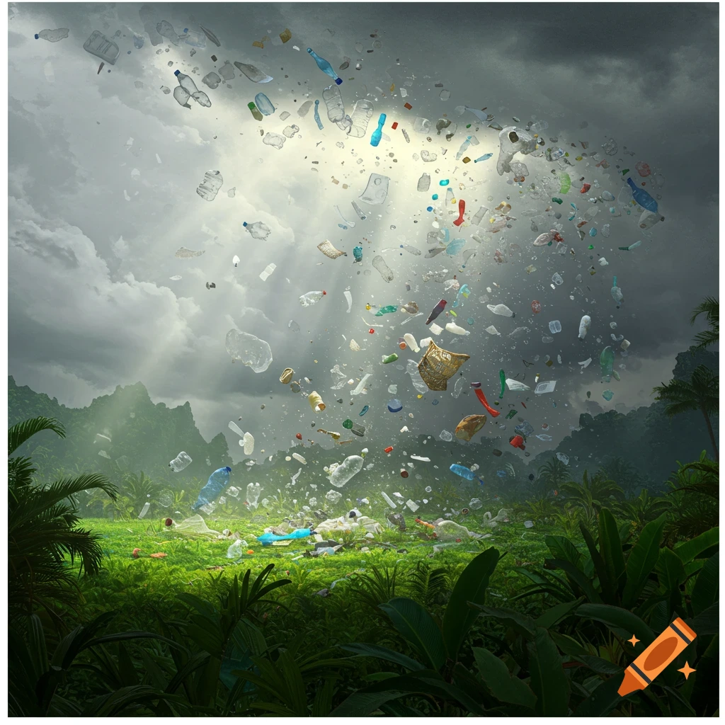 Plastic debris falling from a stormy sky onto a green tropical field.