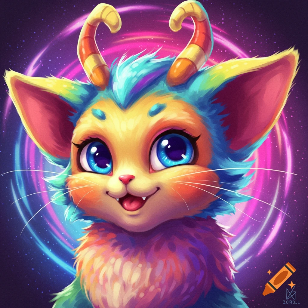 A cute, colorful fantasy creature with large blue eyes and striped horns against a starry background.