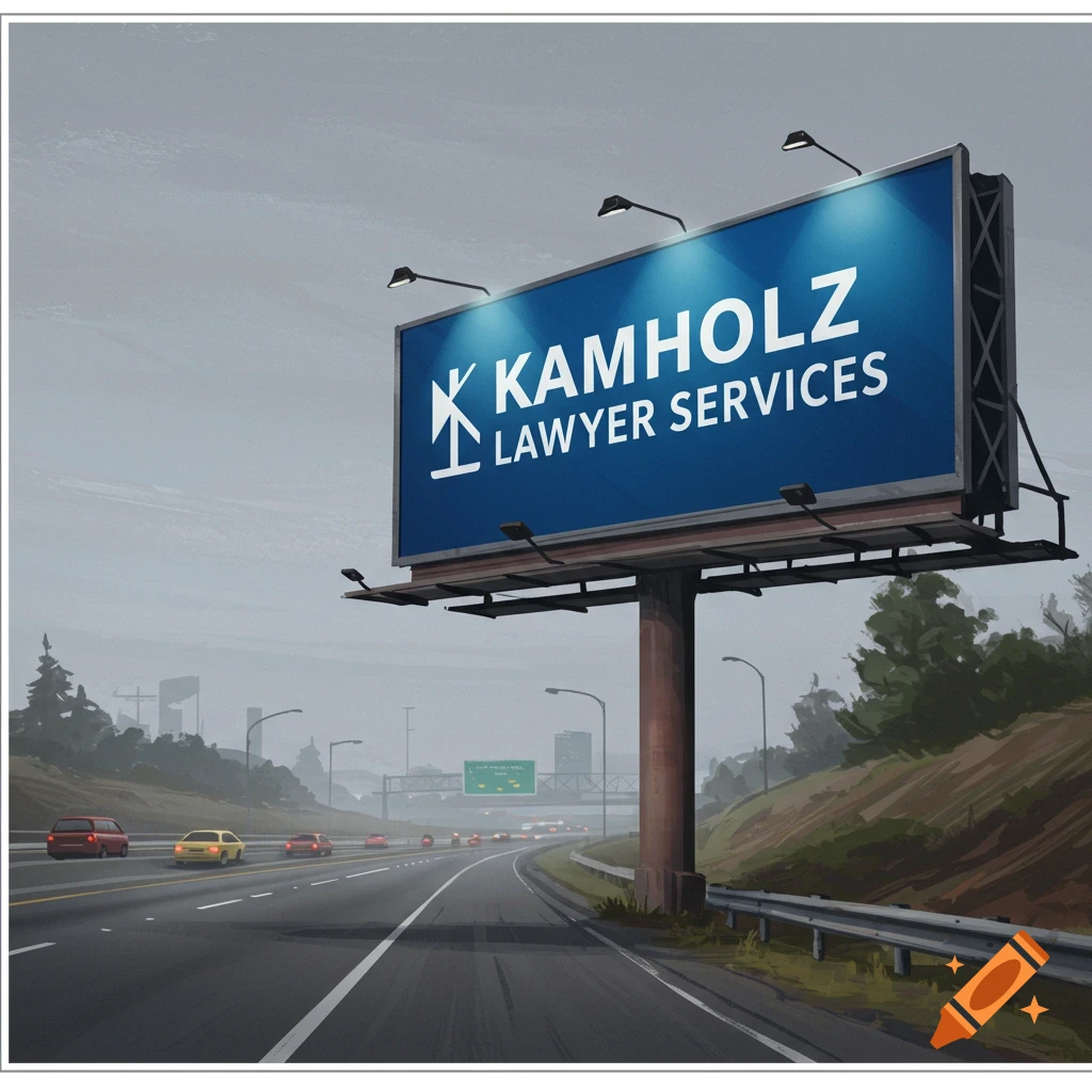 A billboard on a highway advertising Kamholz Lawyer Services.