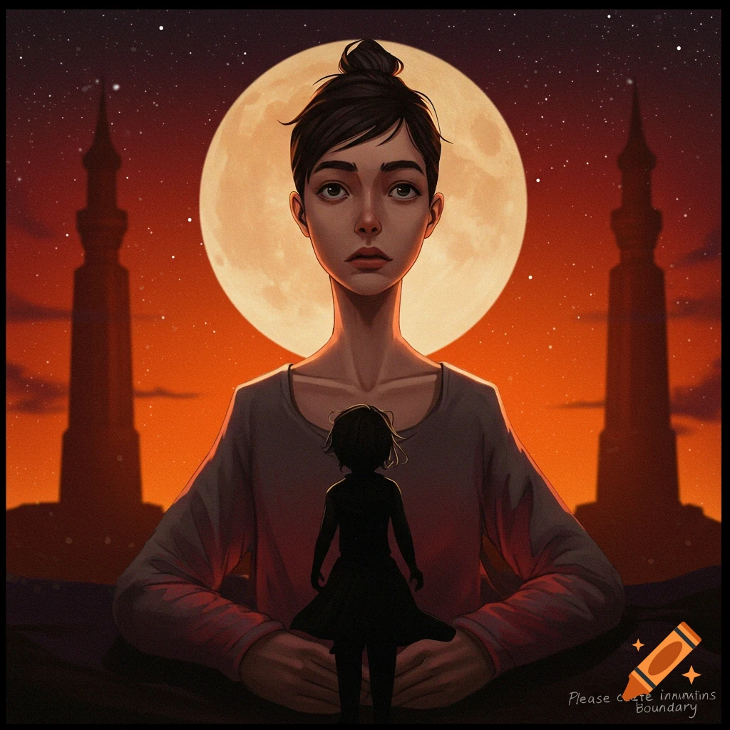 A woman holds a small figure before a large moon and towers.