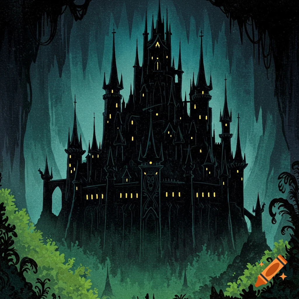 Dark gothic castle in a misty forest opening, digital illustration