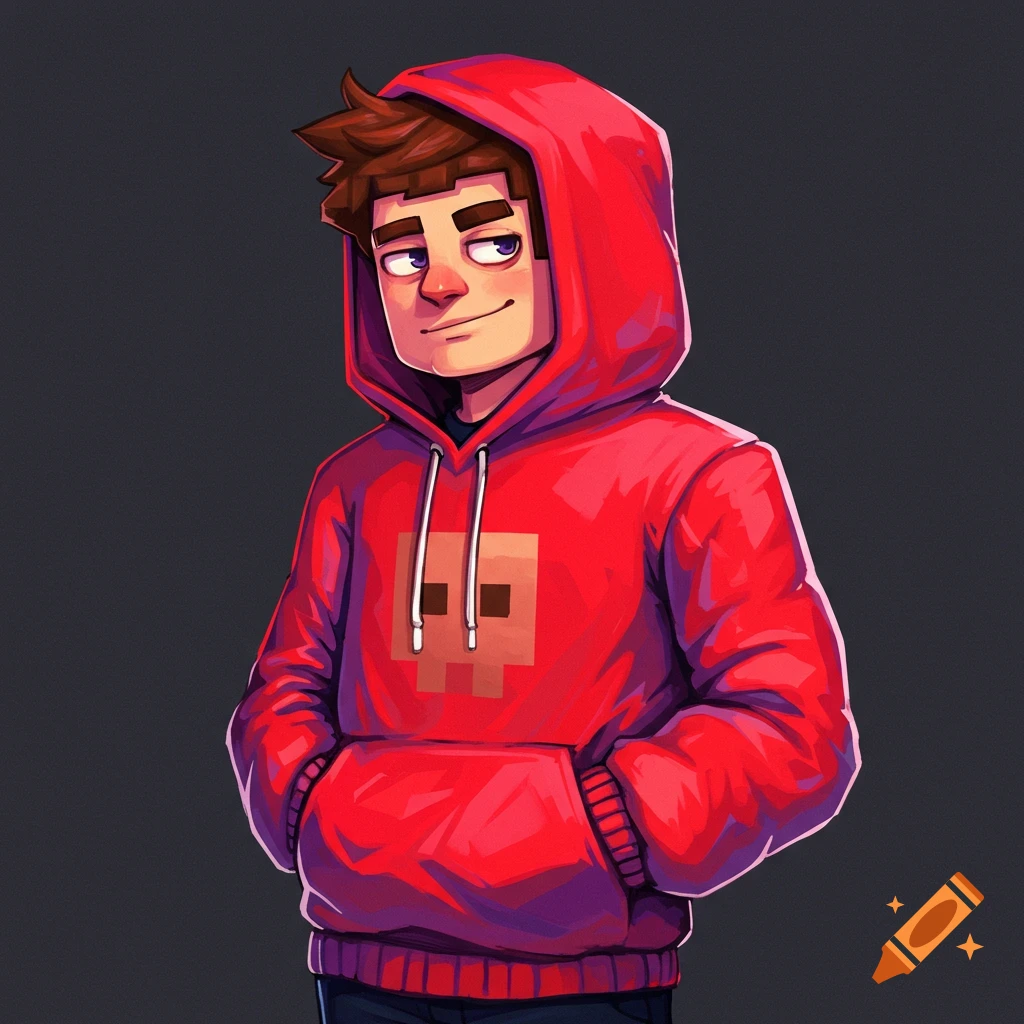 A cartoon character in a red hoodie with a pixelated skull design.